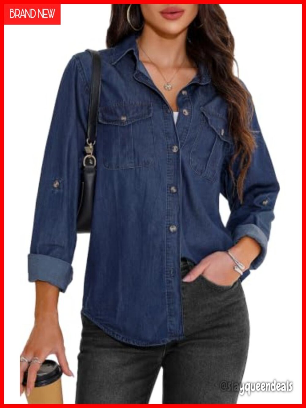 Oversized Denim Button Down Shirt Long Sleeve Western Cowgirl Top